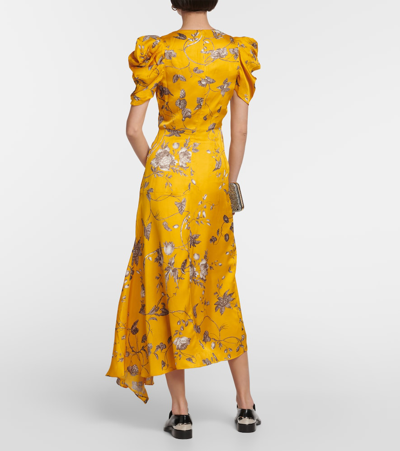 Shop Erdem Floral Satin Midi Dress In Yellow