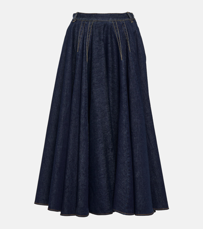 Shop Alaïa Pleated High-rise Denim Midi Skirt In Blue