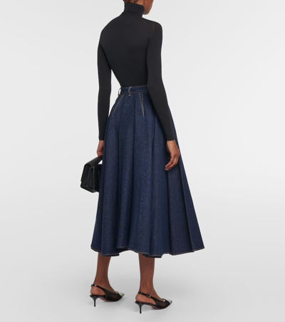 Shop Alaïa Pleated High-rise Denim Midi Skirt In Blue