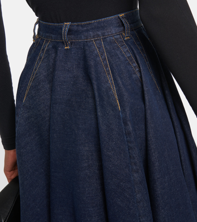 Shop Alaïa Pleated High-rise Denim Midi Skirt In Blue