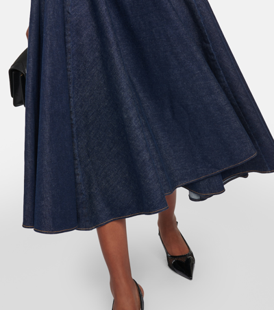 Shop Alaïa Pleated High-rise Denim Midi Skirt In Blue