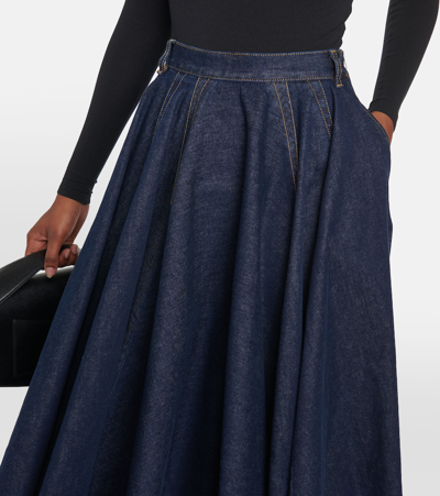 Shop Alaïa Pleated High-rise Denim Midi Skirt In Blue