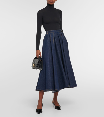 Shop Alaïa Pleated High-rise Denim Midi Skirt In Blue