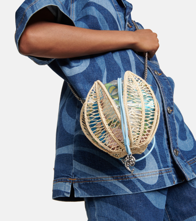 Shop Pucci Raffia Leather-trimmed Bucket Bag In Blue