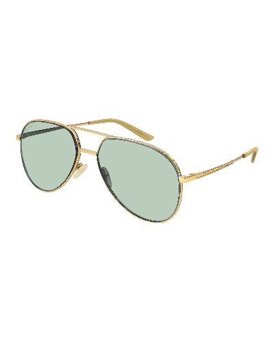 Shop Gucci Engraved Metal Aviator Sunglasses In Gold/sage