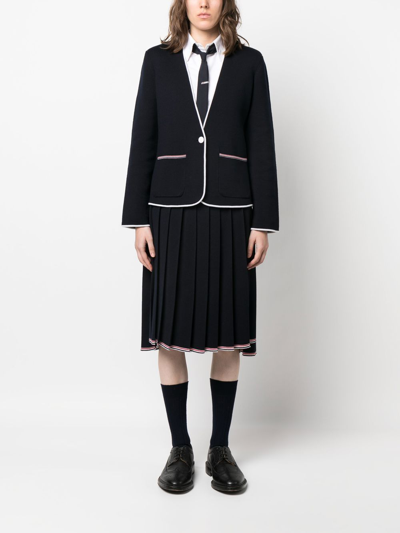 Shop Thom Browne Contrasting-trim Collarless Jacket In Blue