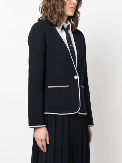 Shop Thom Browne Contrasting-trim Collarless Jacket In Blue