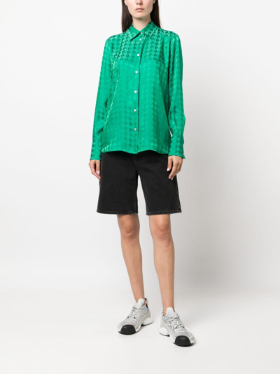 Shop Msgm Houndstooth Long-sleeved Satin Shirt In Green