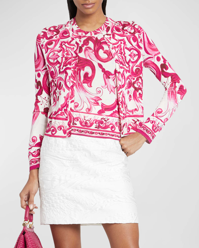 Shop Dolce & Gabbana Pink Silk Knit Button-front Cardigan In Wht Print