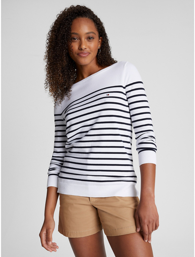 Shop Tommy Hilfiger Stripe Boatneck Sweater In Optic White Multi