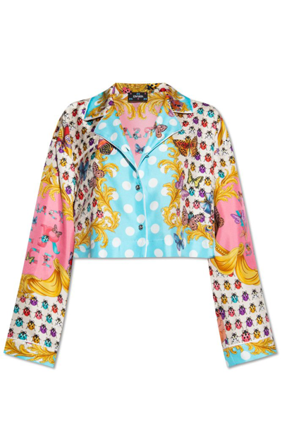 Shop Versace Butterflies Printed Cropped Satin Shirt In Multi