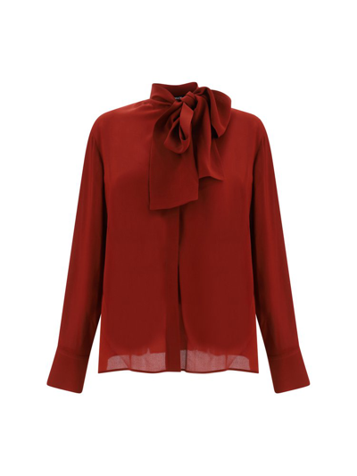 Shop Balmain Puff Sleeved Bow Detailed Blouse In Red