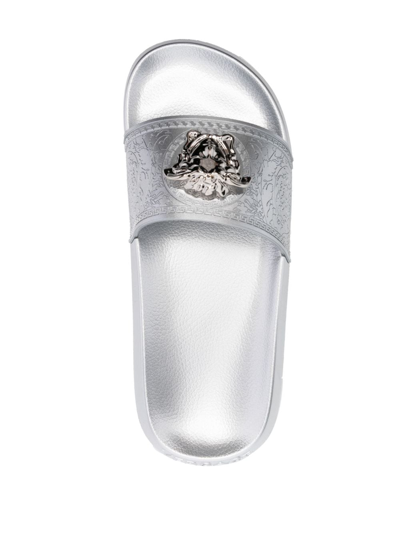 Shop Versace Medusa Head Slides In Grey
