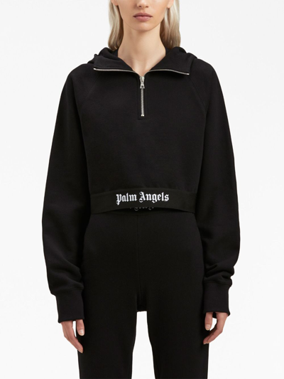 Palm Angels Logo-strap Cotton Cropped Sweatshirt In Black