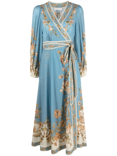 Shop Zimmermann Chintz Floral-print Wrap Midi Dress In Blue