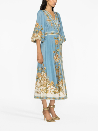 Shop Zimmermann Chintz Floral-print Wrap Midi Dress In Blue
