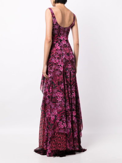 Shop Versace Orchid Barocco-print Ruffled Silk Dress In Black