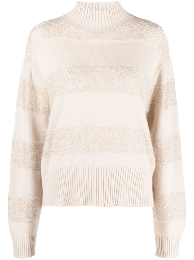 Shop Brunello Cucinelli Striped Roll-neck Sweater In Neutrals