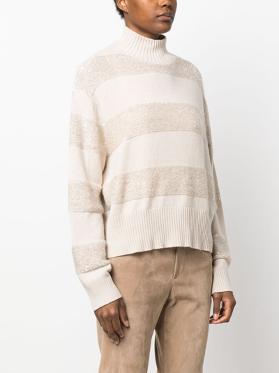 Shop Brunello Cucinelli Striped Roll-neck Sweater In Neutrals