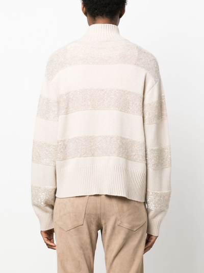 Shop Brunello Cucinelli Striped Roll-neck Sweater In Neutrals