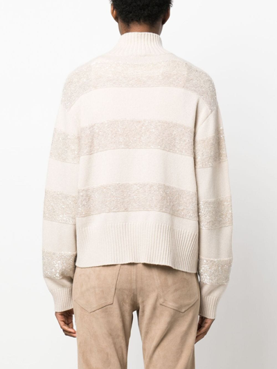 Brunello Cucinelli Striped Roll-neck Sweater In Neutrals