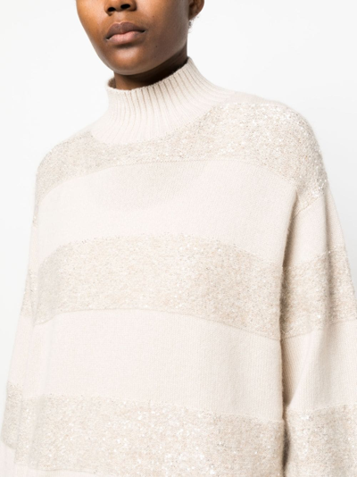 Shop Brunello Cucinelli Striped Roll-neck Sweater In Neutrals