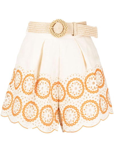 Shop Zimmermann Broderie-anglaise Linen Short Shorts In Orange