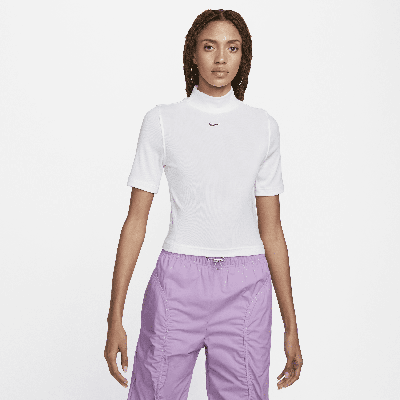 Shop Nike Women's  Sportswear Essentials Ribbed Mock-neck Short-sleeve Top In White
