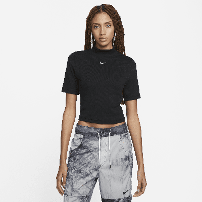 Shop Nike Women's  Sportswear Essentials Ribbed Mock-neck Short-sleeve Top In Black