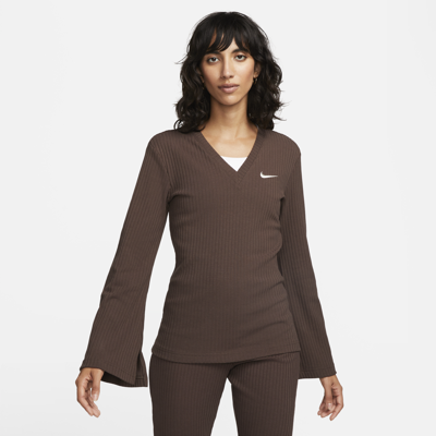 Shop Nike Women's  Sportswear Ribbed Jersey Long-sleeve V-neck Top In Brown