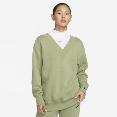 Shop Nike Women's  Sportswear Phoenix Fleece Oversized V-neck Sweatshirt In Green