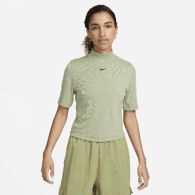 Shop Nike Women's  Sportswear Essentials Ribbed Mock-neck Short-sleeve Top In Green