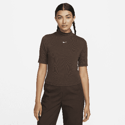 Shop Nike Women's  Sportswear Essentials Ribbed Mock-neck Short-sleeve Top In Brown