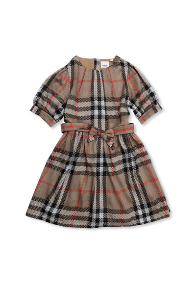 Shop Burberry Kids Checked Belted Waist Dress In Multi