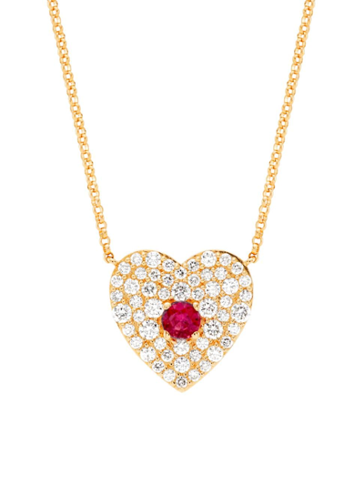 Shop Saks Fifth Avenue Women's 14k Yellow Gold, 0.61 Tcw Diamond & Ruby Heart Pendant Necklace