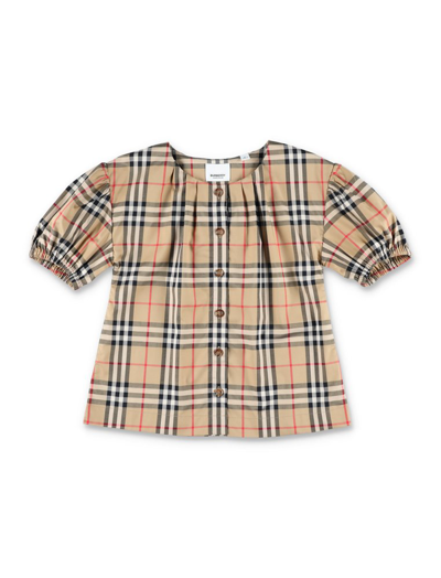Shop Burberry Kids Checkered Puff Sleeved Twill Blouse In Multi