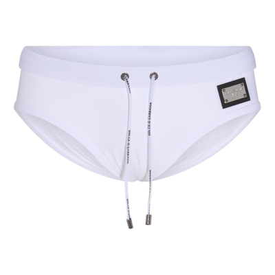 Shop Dolce & Gabbana Logo Patch Drawstring Swim Shorts In White