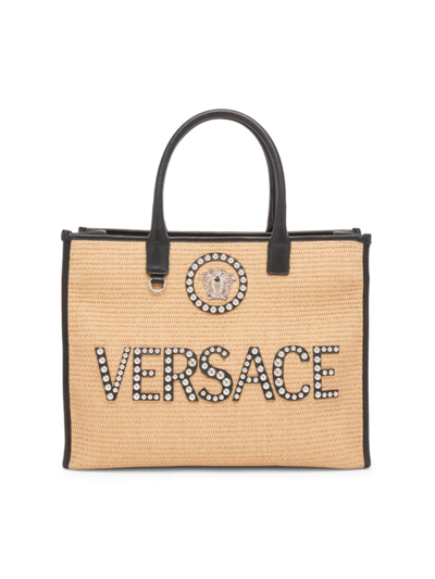 Shop Versace Women's Medusa Logo Raffia Tote Bag In Natural Black