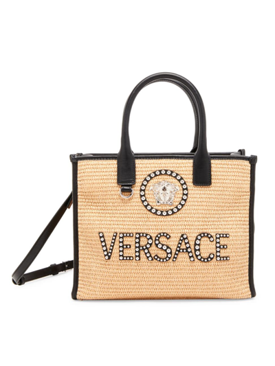 Shop Versace Women's Small Medusa Logo Raffia Tote Bag In Natural Black