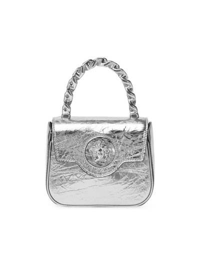 Shop Versace Women's Mini Medusa Metallic Leather Top-handle Bag In Silver