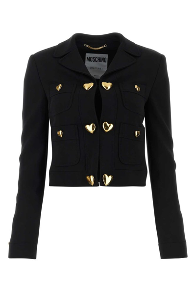 Shop Moschino Double Breasted Cropped Blazer In Black
