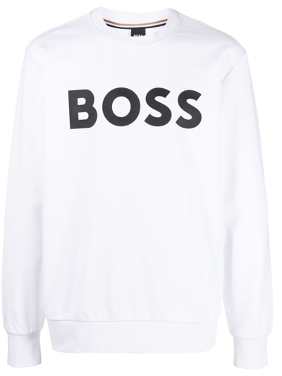 Shop Hugo Boss Flocked-logo Cotton Sweatshirt In Weiss