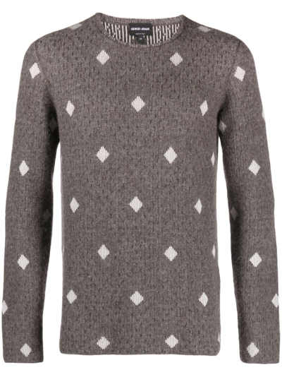 Shop Giorgio Armani Diamond-jacquard Crew-neck Jumper In Braun