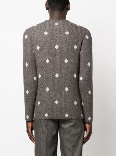 Shop Giorgio Armani Diamond-jacquard Crew-neck Jumper In Braun