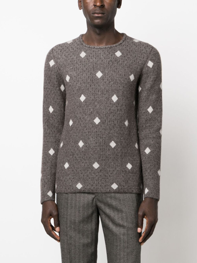 Shop Giorgio Armani Diamond-jacquard Crew-neck Jumper In Braun