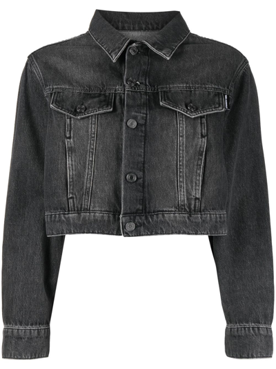 Shop Karl Lagerfeld Logo-embellished Cropped Denim Jacket In Grey