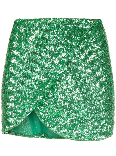 Shop Oseree Sequinned Wrap Miniskirt In Green