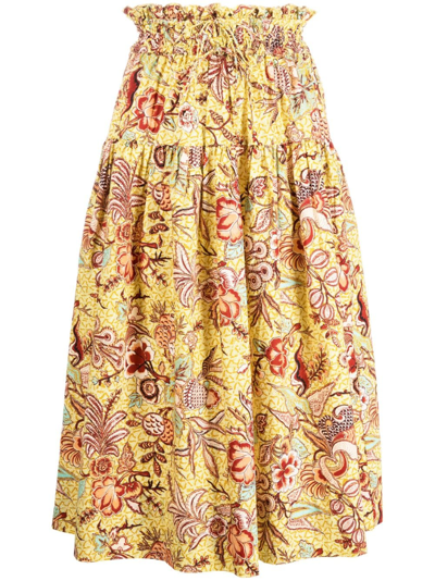 Shop Ulla Johnson Floral-print A-line Midi Skirt In Yellow