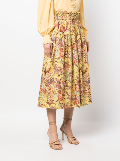 Shop Ulla Johnson Floral-print A-line Midi Skirt In Yellow