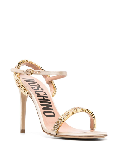 Shop Moschino 110mm Logo-lettering Silk-satin Sandals In Gold